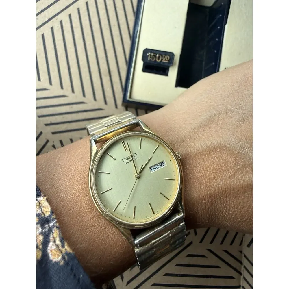 Vintage Seiko 6533-8019 Quartz Day Date Gold Tone Men’s Watch Box Runs Speidel